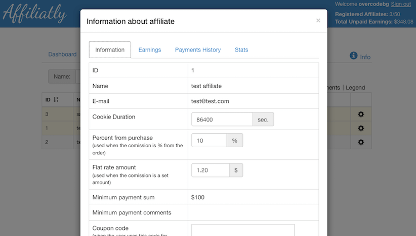 You can view and make changes to your affiliate's details 